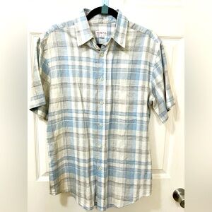 Merona Shirt Men S Beige & Blue Plaid Short Sleeve Button Up Linen Blend Pocket